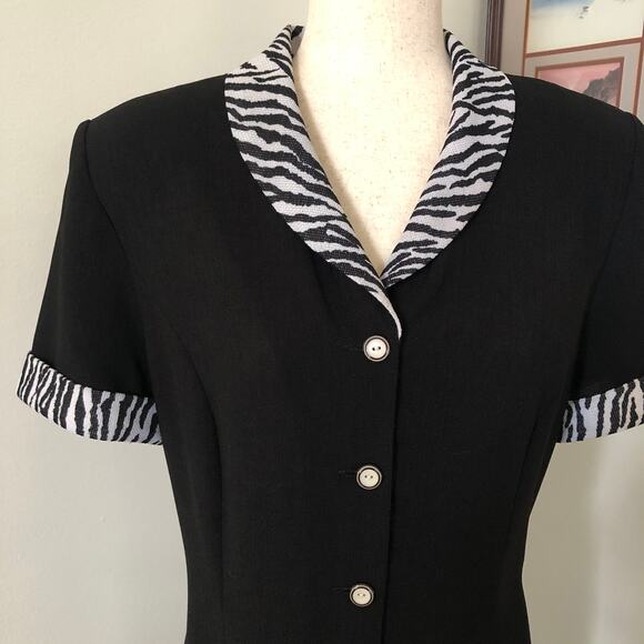 VTG 90s Danny & Nicole Black Midi Dress Career Zebra Trim Button Quiet Luxury L - Picture 2 of 8